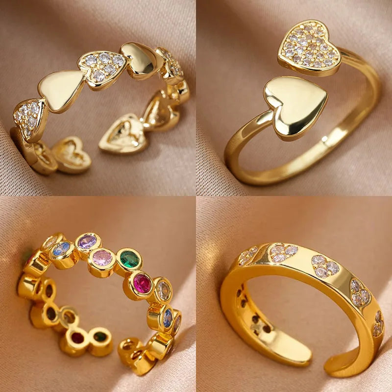 Elegant geometric heart ring with sparkling zircon accents and a luxurious gold-color finish. Made from durable stainless steel, perfect for weddings, everyday wear, or a stylish couple gift.